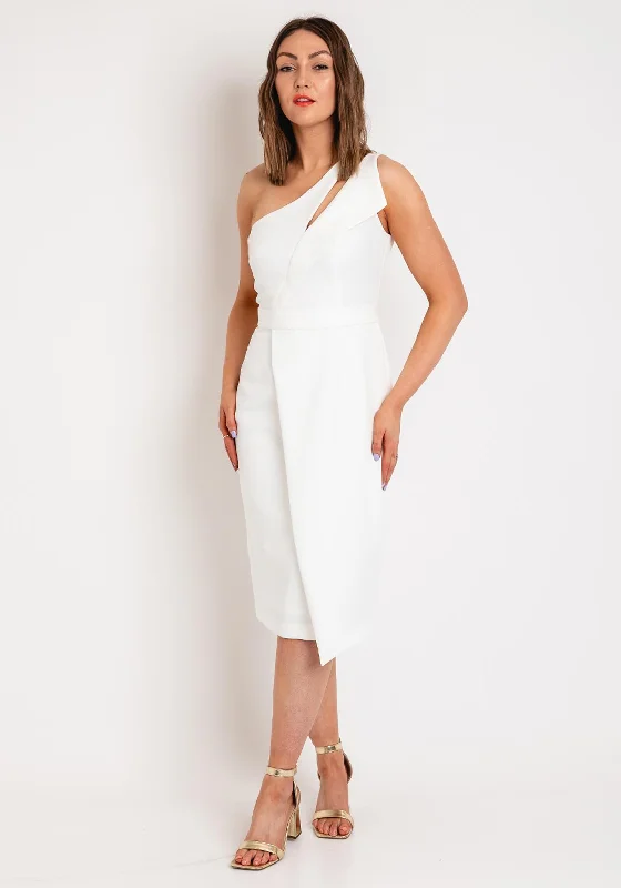 Casting One Shoulder Pencil Midi Dress, White Fashionable Sheer Sleeve Midi Dress