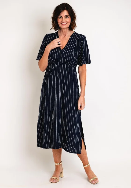 Serafina Collection V-Neckline Striped A-Line Midi Dress, Navy Trendy Floral Wrap Midi Dress