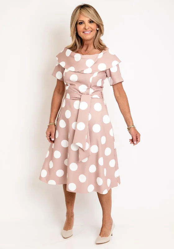 Coco Doll Hasta Polka Dot Midi Dress, Taupe Trendy Boho Midi Dress