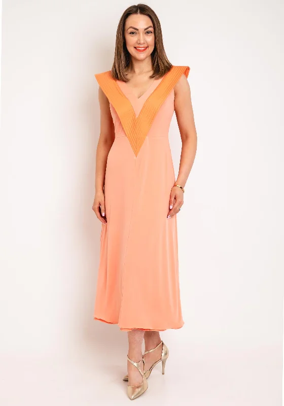 Colour Nude V Neck Aline Midi Dress, Orange Comfortable Casual Midi Dress