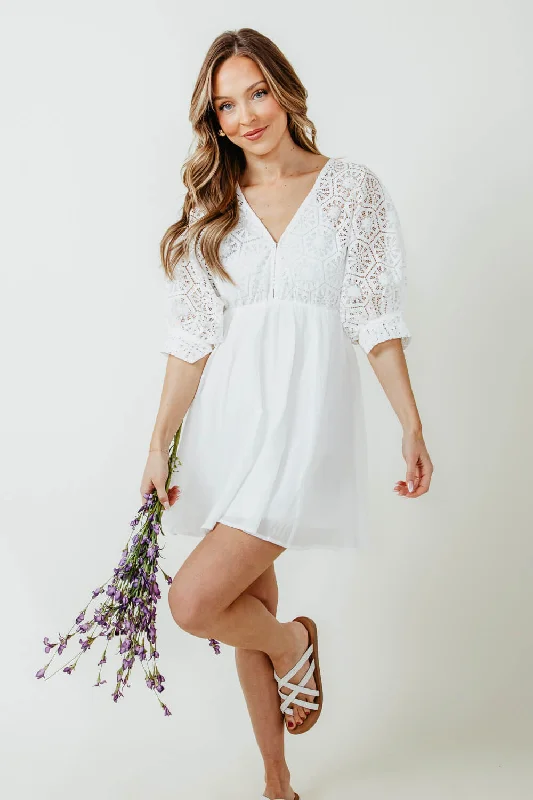 Crochet Top Mini Dress for Women in White | LD44148-WHITE Comfortable Polka Dot Mini Dress