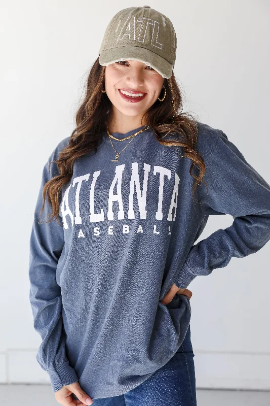 Denim Atlanta Baseball Long Sleeve Tee Collared Crew Neck Turtle Neck