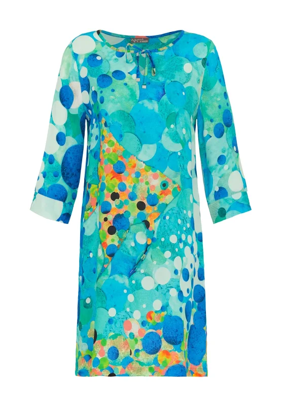 Dolcezza Fish Mosaic Neck Tie Mini Dress, Blue Elegant Floral-Print Mini Dress