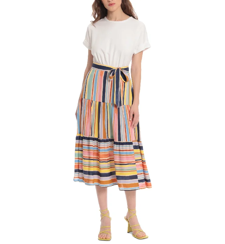 Donna Morgan Striped Skirt Midi Dress Trendy A-Line Midi Dress