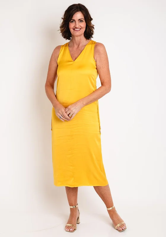 Eva Kayan Satin Ruched Midi Dress, Yellow Fashionable Polka Dot Midi Dress