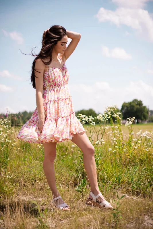 Floral Tiered Mini Dress for Women in Ivory Pink | CR1956F-IVORYPINK Fashionable Denim Mini Dress