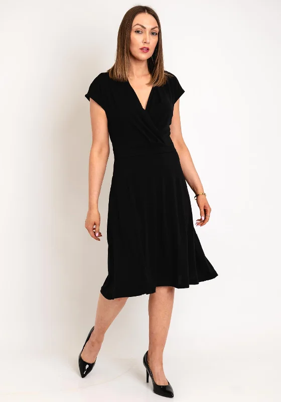 FREEQUENT V-Neck A-Line Midi Dress, Black Fashionable Casual Midi Dress