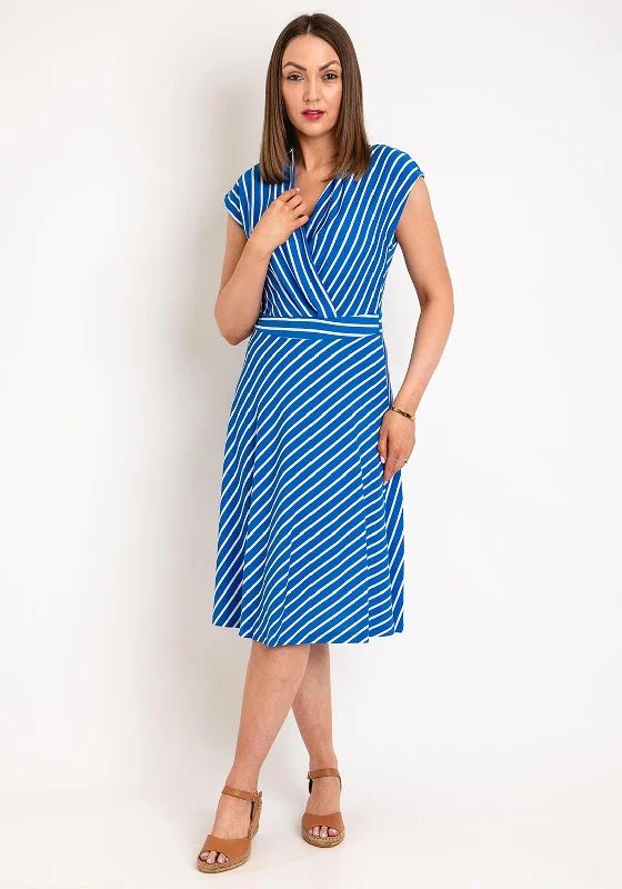 FREEQUENT V-Neck Striped A-Line Midi Dress, Blue Comfortable Short Sleeve Midi Dress