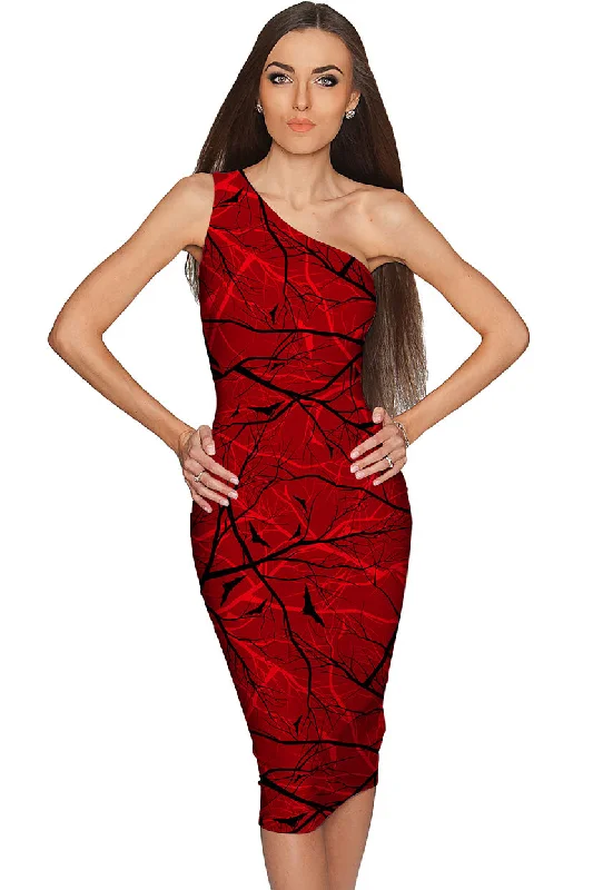 Full Moon Layla Red Goth Fall Bat Print Alt Bodycon Midi Dress - Women Elegant Floral Appliqué Midi Dress