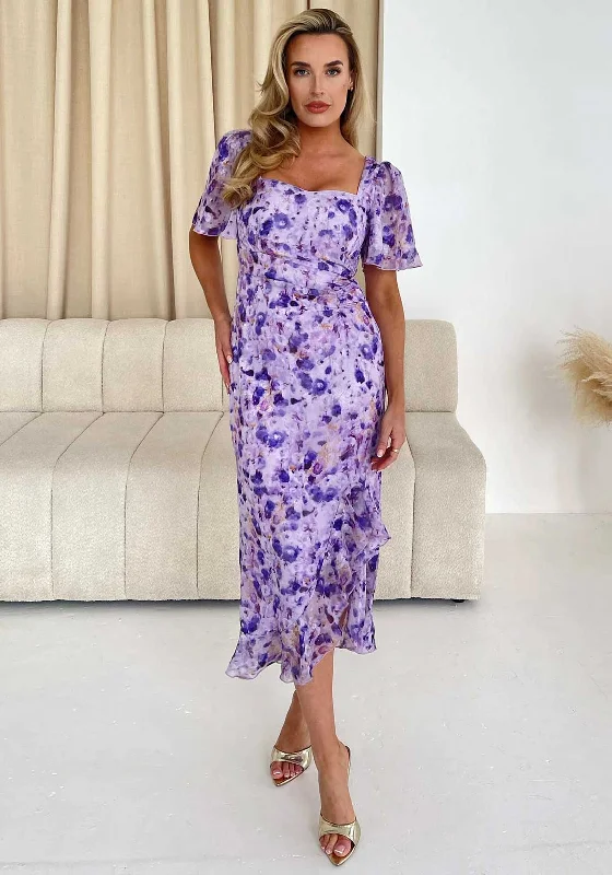 Girl In Mind Heidi Floral Ruched Midi Dress, Purple Comfortable Wrap Midi Dress