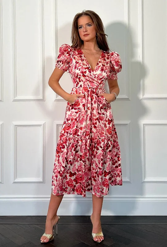 Girl In Mind Maya Floral Wrap Tiered Midi Dress, Pink Fashionable One-Shoulder Midi Dress