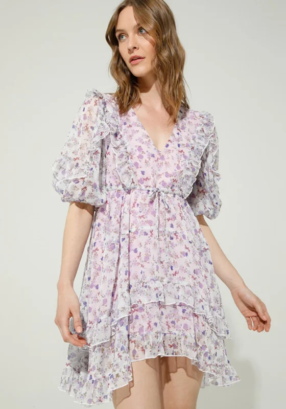 Goa Goa Floral Print Chiffon Mini Dress, Lilac Fashionable A-Line Mini Dress