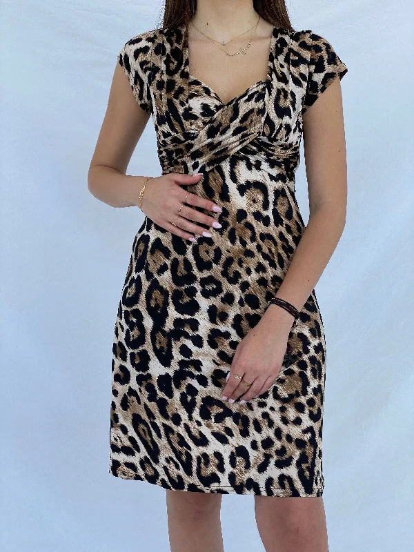 Gorgeous FIFILLES Paris Leopard Print Midi Dress - Size S Trendy Midi Dress with Belt