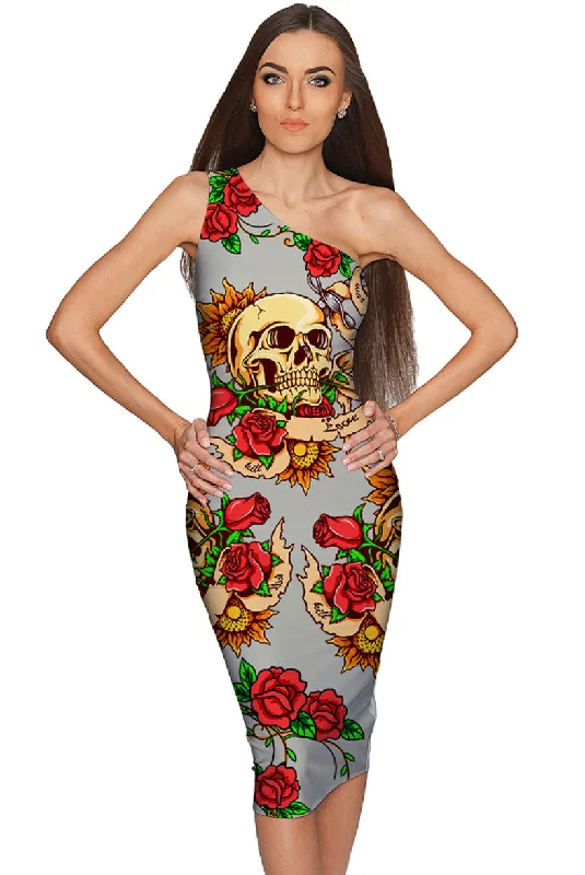 Hardy Gal Layla Beige Red Skull Rose Print Bodycon Midi Dress - Women Comfortable Deep V Midi Dress