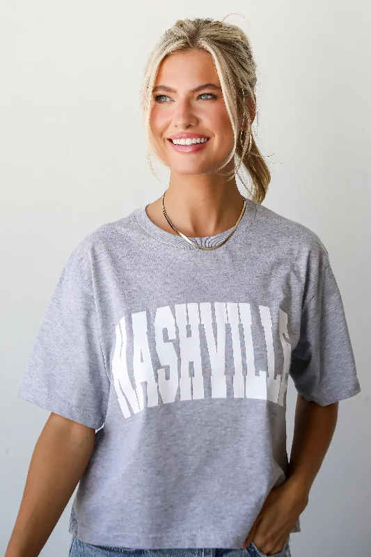 Heather Grey Nashville Cropped Block Letter Tee Anti-Pilling Machine Wash Handmade