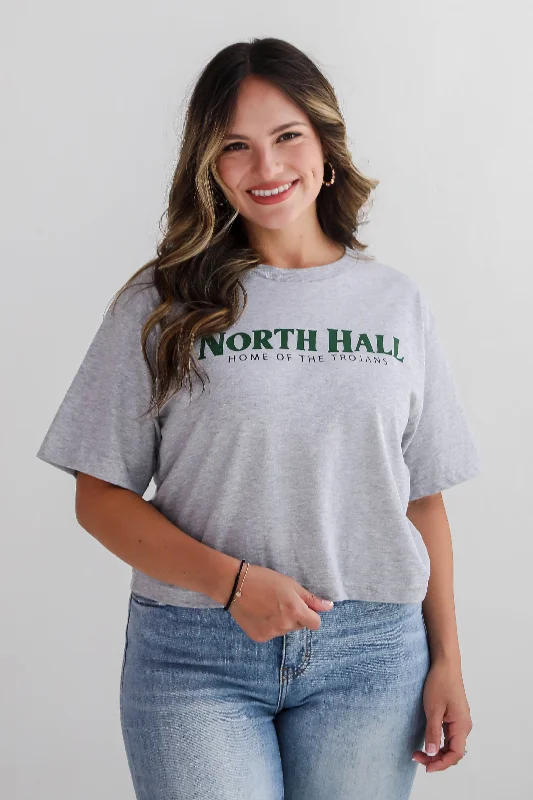 Heather Grey North Hall Home Of The Trojans Cropped Tee Elasticated Padded Insulated