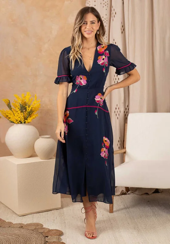 Hope & Ivy Niamh Embroidered Frill Sleeve Button Front Midi Dress, Navy Elegant Satin Slip Midi Dress