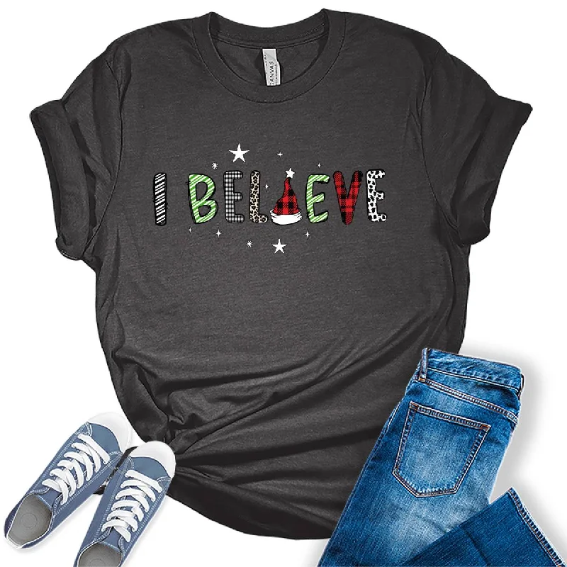 I Believe Christmas Santa Hat Xmas Holiday Womens T-shirt Ribbed Striped Patterned