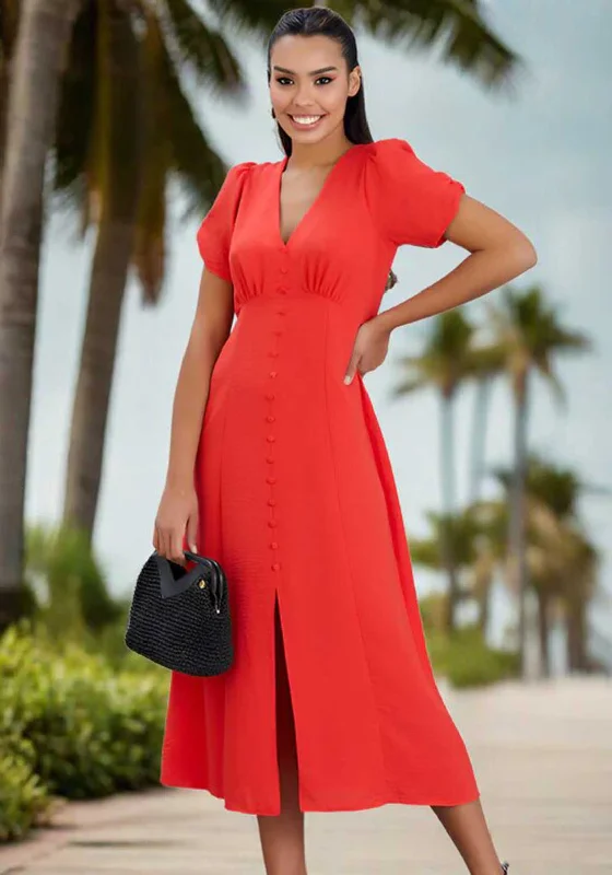 Natalia Collection V Neck Buttoned Midi Dress, Coral Stylish Pleated Skirt Midi Dress