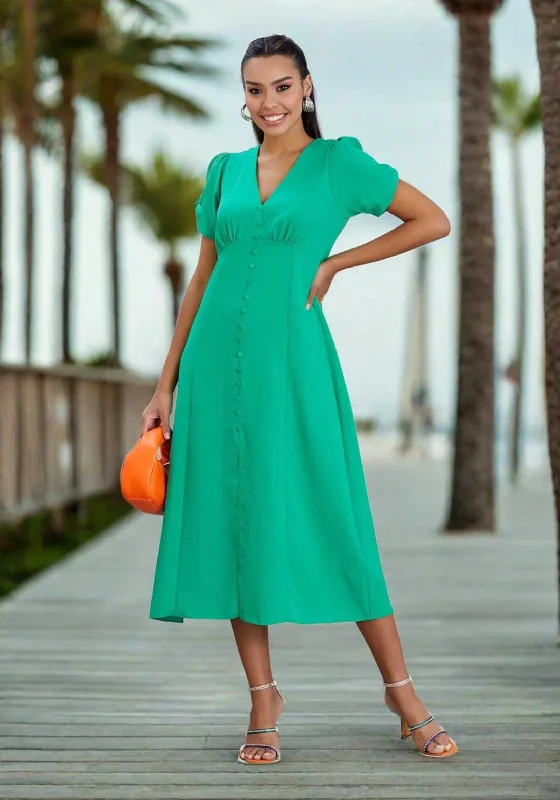 Natalia Collection V Neck Buttoned Midi Dress, Green Elegant Puff Sleeve Midi Dress