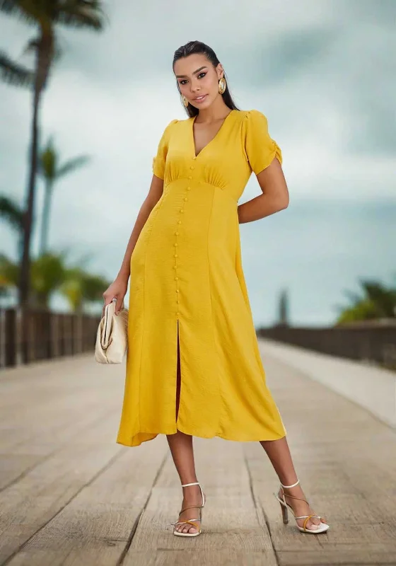 Natalia Collection V Neck Buttoned Midi Dress, Yellow Trendy Mock Neck Midi Dress