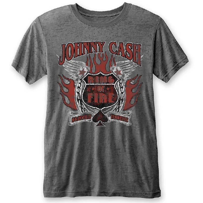 Johnny Cash Unisex Fashion T-Shirt: Ring of Fire (Burn Out) Polka Dot Checkered Tartan