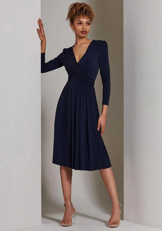 Jolie Moi Plain Long Sleeve Jersey Midi Dress, Navy Fashionable Wide Leg Midi Dress