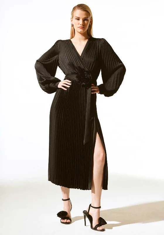 Joseph Ribkoff Pleated Wrap Midi Dress, Black Fashionable Wide Leg Midi Dress