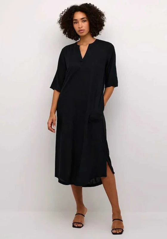 Kaffe Milia Kaftan Linen Blend Midi Dress, Black Cozy A-Line Midi Dress