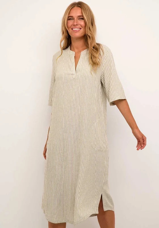 Kaffe Milia Kaftan Striped Linen Blend Midi Dress, Chinchilla Comfortable Knitwear Midi Dress