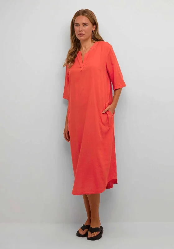 Kaffe Milia Kaftan Linen Blend Midi Dress, Cayenne Fashionable Floral Embroidery Midi Dress