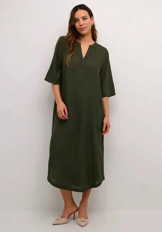 Kaffe Milia Kaftan Linen Blend Midi Dress, Forest Night Comfortable Denim Midi Dress