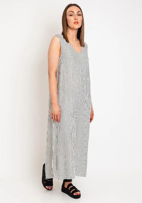 KAFFE Kamilla Striped Sleeveless Midi Dress, Chalk & Black Stylish Satin Midi Dress