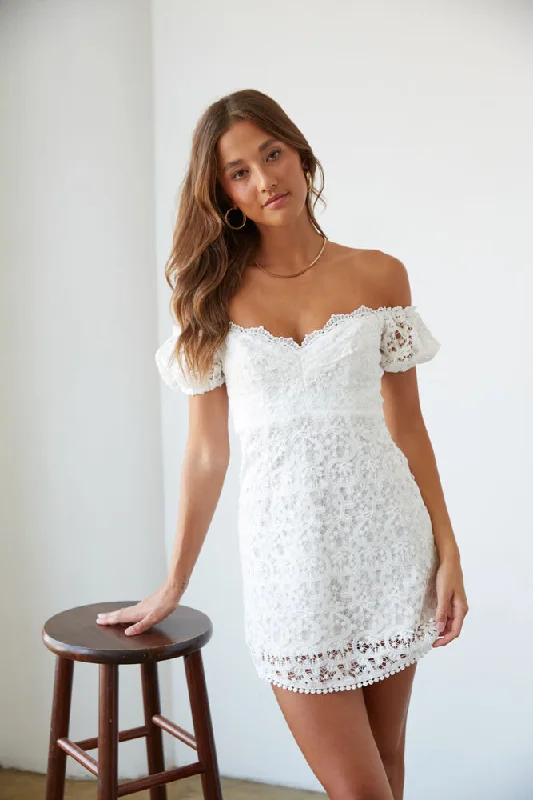 Karlie Lace Off-The-Shoulder Puff Sleeve Mini Dress Comfortable Boho Mini Dress