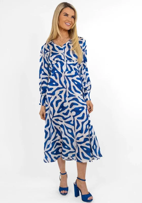 Kate & Pippa Birkin Satin Feel Print Midi Dress, Blue & Ivory Trendy Square Neck Midi Dress