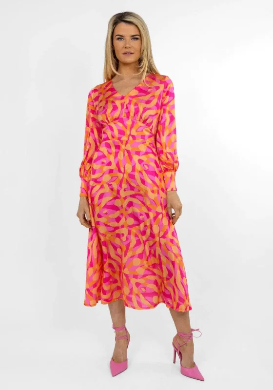 Kate & Pippa Birkin Satin Feel Print Midi Dress, Pink & Orange Comfortable Ruched Midi Dress