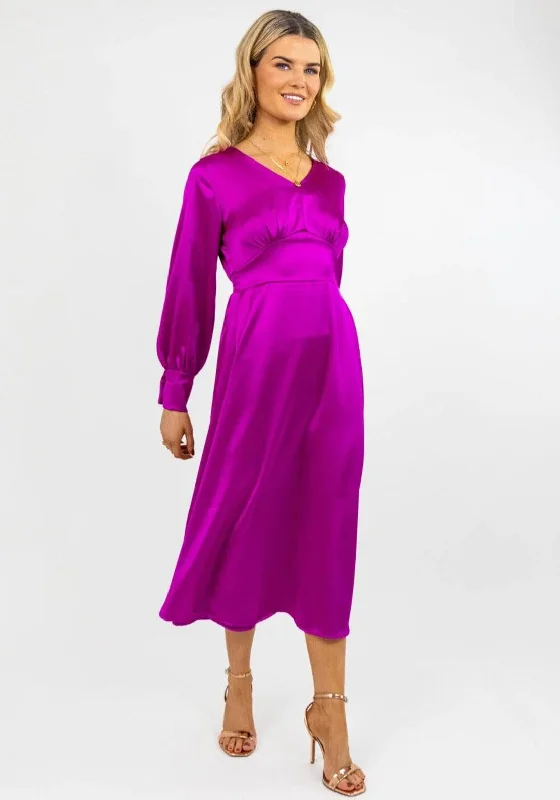 Kate & Pippa Birkin Satin Feel Print Midi Dress, Purple Cozy Wide Strap Midi Dress