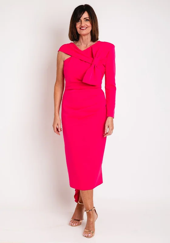 Kevan Jon Carolyn One Shoulder Bow Detail Midi Dress, Hot Pink Trendy Mock Neck Midi Dress