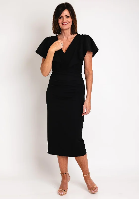 Kevan Jon Karolina Frill Sleeve Midi Dress, Black Elegant Puff Sleeve Midi Dress