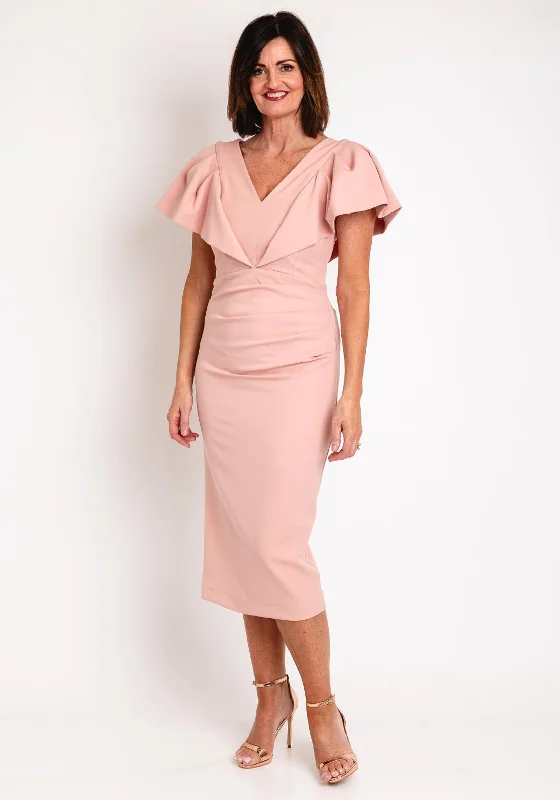 Kevan Jon Karolina Frill Sleeve Midi Dress, Blush Trendy Fit-and-Flare Midi Dress