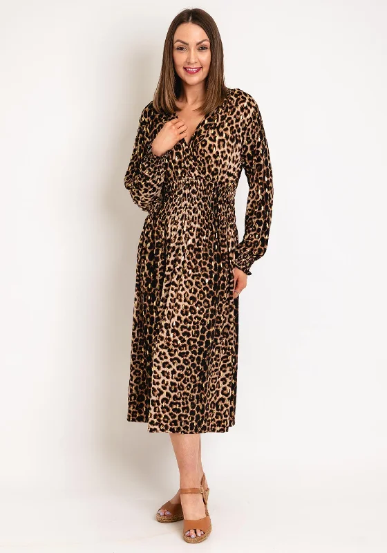 Serafina Collection One Size Leopard Prin Midi Dress, Brown Stylish Satin Midi Dress