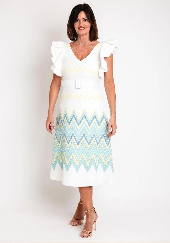 Laura Bernal Frill Sleeve Textured Midi Dress, White Elegant Faux Wrap Midi Dress