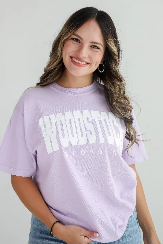 Lavender Woodstock Georgia Tee V-Neck T-Shirt Long Sleeve Cotton