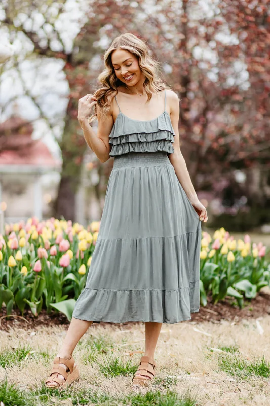 Rokoko Layered Ruffle Tiered Smocked Midi Dress for Women in Green | R602219-SAG Elegant Sleeveless Midi Dress