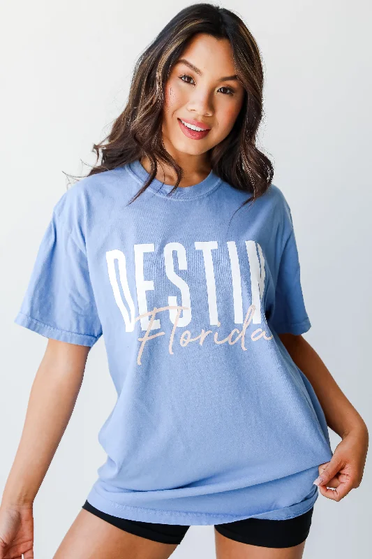 Light Blue Destin Florida Script Tee Satin Blend Silk Blend Wool Blend