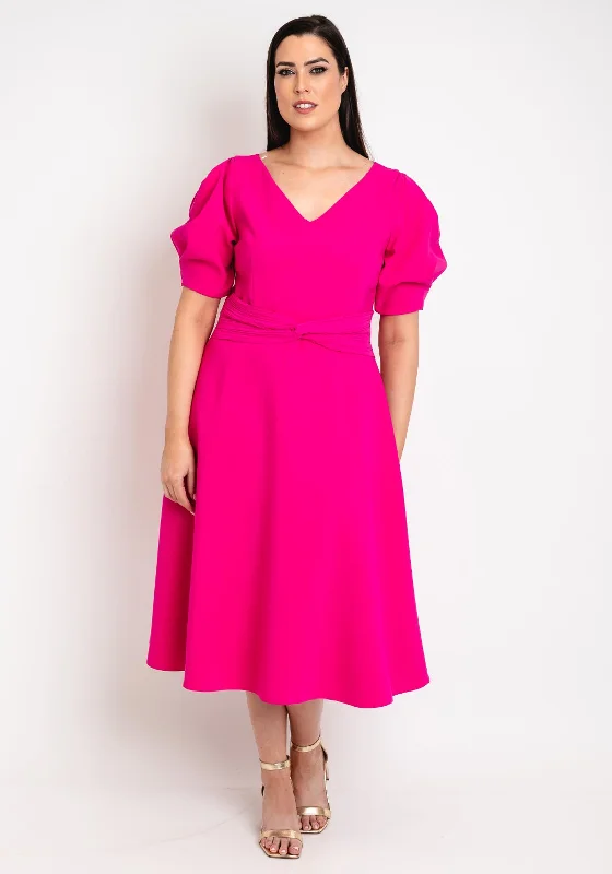 Lizabella Knot Waist V Neck Midi Dress, Hot Pink Chic Bohemian Midi Dress