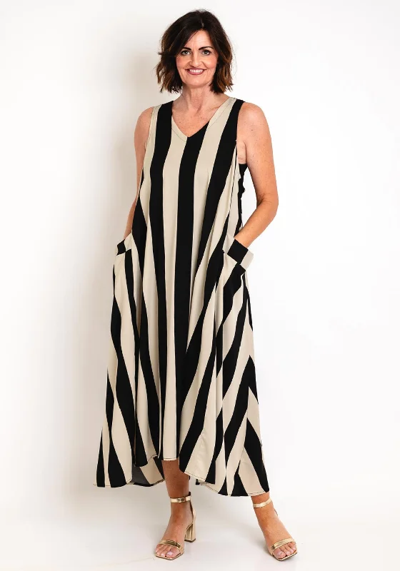 Natalia Collection One Size Flowy Striped Midi Dress, Black Trendy Ruffled Sleeve Midi Dress