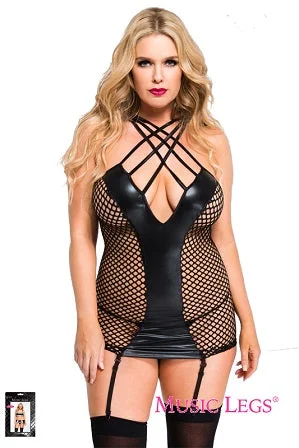 Music Legs Plus Size Strappy Fishnet And Wet Look Garter Mini Dress 20034Q Stylish Spaghetti Strap Mini Dress