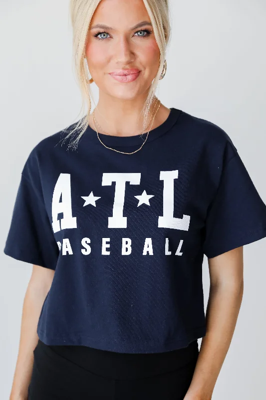 Navy ATL Baseball Star Cropped Tee Rayon Fabric Velvet Fabric Corduroy Fabric