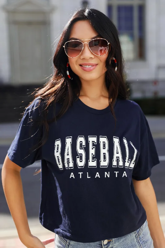 Navy Atlanta Baseball Cropped Tee Iron Safe Non-Iron Wrinkle Free